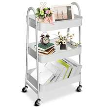 Carrito Metálico Rodante de 3 Niveles con Ruedas Bloqueables, Organizador Pesado para Bebé de Tres Pisos, Carrito de Almacenamiento Utilitario para Arte, Manualidades, Bocadillos, Guardería, Pañales y Suministros de Limpieza, con Malla - Blanco - Ver 2