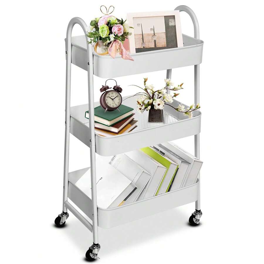 Carrito Metálico Rodante de 3 Niveles con Ruedas Bloqueables, Organizador Pesado para Bebé de Tres Pisos, Carrito de Almacenamiento Utilitario para Arte, Manualidades, Bocadillos, Guardería, Pañales y Suministros de Limpieza, con Malla