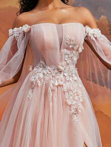 Elisanya Elegant Blush Pink Off-Shoulder Long Tulle Gown, 3D Floral Applique High Slit Evening Dress, Women Formal Dreamy Princess Prom Gown, Glamorous Party Dress Wedding Guest Dress - Baby Pink - View 10