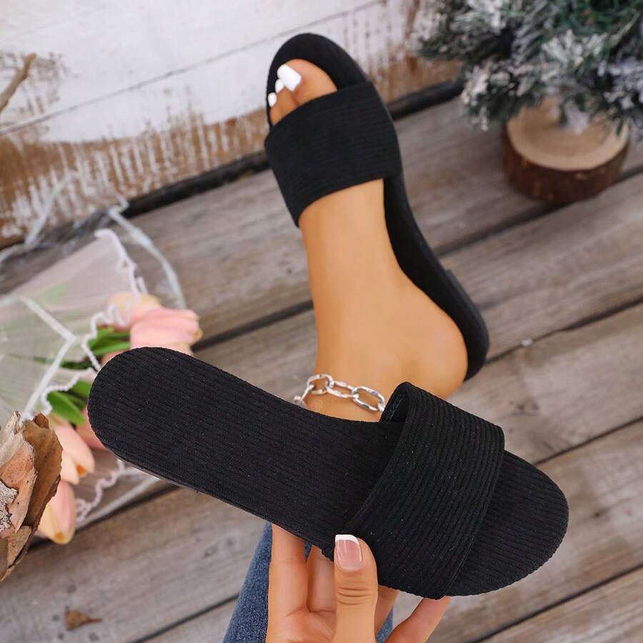 1 pereche papuci de casă ușori din material textil de culoare solidă, potriviți pentru naveta, vacanță, acasă, aer condiționat, ținute în aer liber, sandale plate pentru femei
