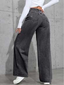 Jeans rectos de lavado claro de moda para adolescentes - Gris Oscuro - Ver 2