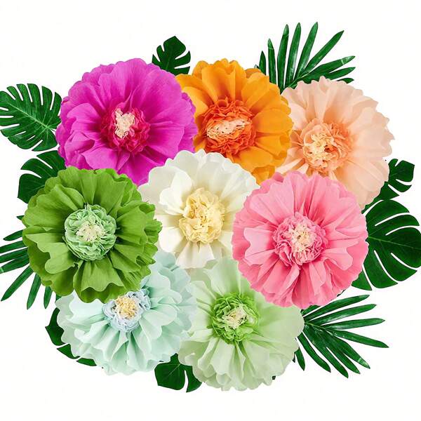 8pcs 3D Paper Flowers & Artificial Tropical Leaves Set - Large Colorful Paper Flower, Fake Greenery, Suitable For Jungle Hawaiian Party Decor, Birthday Wedding BBQ, Classic Paper Ball Background