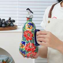 1 pieza Dispensador de aceite de cerámica, bomba de aceite de oliva de cerámica pintada a mano y asa, botella de aceite de cocina, patrón floral elegante, gran capacidad, accesorio de cocina, adecuado para la decoración de la cocina del hogar - Multicolor - Ver 12