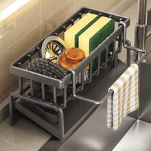 1pc Kitchen Sink Caddy Storage Rack With Towel Rack & Auto Drain Tray, Sponge Holder For Kitchen Sink, Kitchen Sink Organizer And Storage, Rustproof Carbon Steel Kitchen Gadgets Sink Accessories - Multicolor - View 3