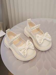 Girls' Cute Solid Color Big Bow Faux Pearl Design Outdoor Loafers Princess Flats - Beige - View 2