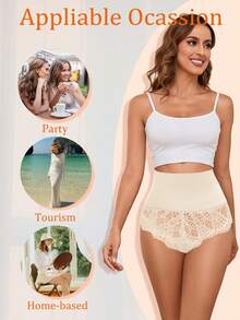 High Waist Lace Panties, Solid Color Transparent Shapewear - Apricot - View 4