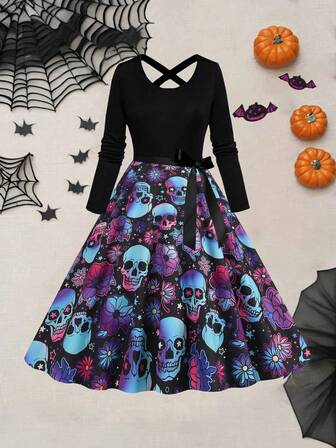 万圣节复古优雅派对拼布连衣裙，南瓜、骷髅、蜘蛛网印花，圆领、高腰、长袖、喇叭下摆，配丝带