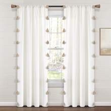 Lush Decor Boho Faux Linen Texture Tassel Rod Pocket Window Curtain Panel Single White/Turquoise 52X84 Halloween-Fall Decor-Room Decor - 白色/中性色 - 查看 2