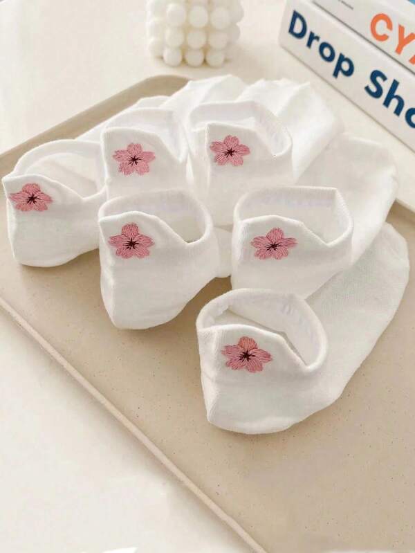 1/3/5/6/10 Pairs Women's Solid Color Embroidered Plum Blossom Short Socks, Soft & Comfortable, Non-Slip, Suitable For Daily Wear
