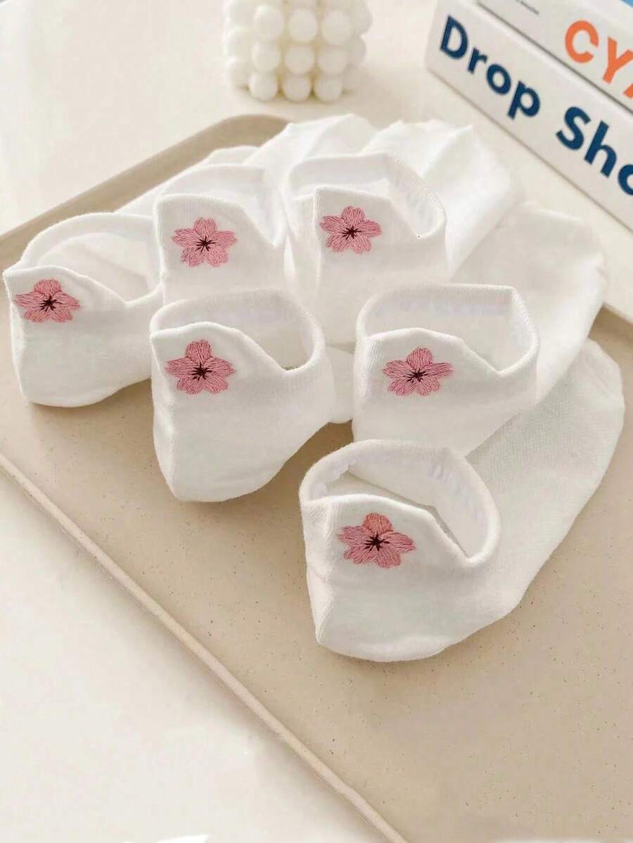 1/3/5/6/10 par damskich krótkich skarpetek w jednolitym kolorze z haftowanym kwiatem śliwki, miękkich i wygodnych, antypoślizgowych, odpowiednich do codziennego noszenia
