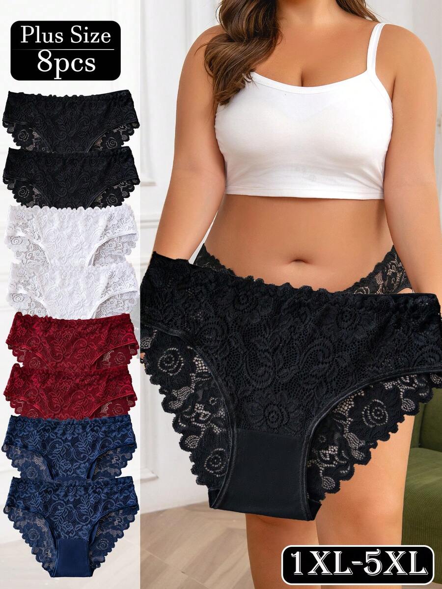 Paquete de 8 piezas de ropa interior de encaje floral de alta gama para mujer de talla grande, con cintura media elástica y transpirable, súper suave y delicado encaje, cómodo para uso diario (Conjunto esencial)