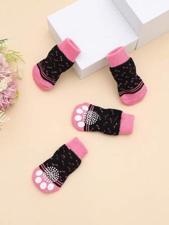 4 Pieces (1 Set) Cute Pet Dog Socks Printed Non-Slip Cat And Dog Shoes Small Dog Paw Protectors Suitable For Spitz Dog Yorkshire Terrier Chihuahua Indoor Anti-Fall