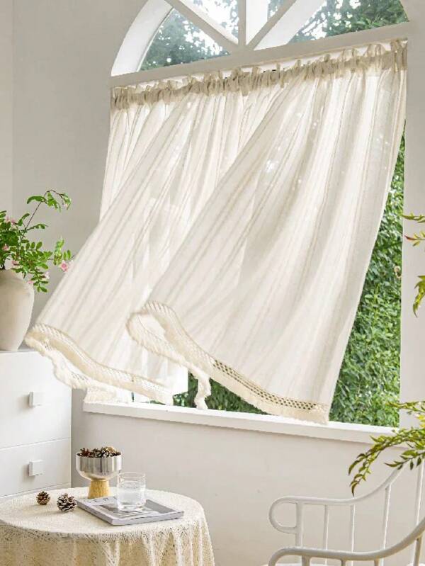 1pc Japanese Style Linen Beige Vertical Striped Window Curtain, Vintage American Entrance Divider Curtain