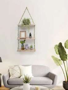 1pc Boho Chic Hanging Floating Shelf With Faux Ivy Garland Rustic Wooden Floating Shelves For Plant Display, Photo Frames, And Decorative Accents, Easy Assembly, Perfect For Bohemian Home Decor, Boho Wall Decor