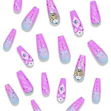 Long Press On Nails Coffin Fake Nails Purple False Nails With 3D Gold Butterfly Rhinestones Designs Glossy Nail Press Ons Acrylic Artificial Nails Summer Stick On Nails For Women 24Pcs - 長款-C5C5 - 查看 2