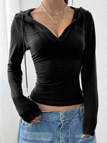 Women's Spring Summer Hooded T-Shirt Long Sleeve V Neck Solid Color Slim Party Tops - Hitam - View 1