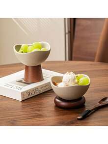 1 كوب آيس كريم سيراميك سميك ذو قاعدة خشبية عالية بطراز رجعي، وعاء حلوى عالي الجودة مناسب للزبادي والشوفان والمشروبات الحليبية والفواكه، مناسب للمنزل والمطعم والتجمعات الخارجية وحفلات عيد الميلاد والمناسبات