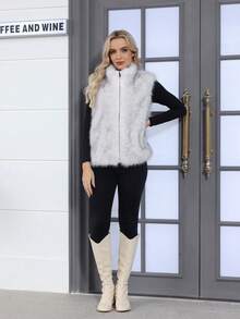 Women's Vest Faux Fur Casual With Zipper Stand-Up Collar