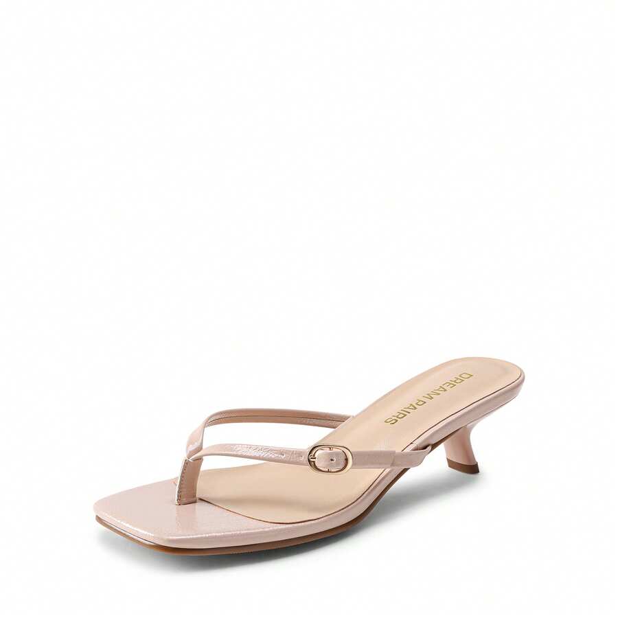 Women Comfortable Kitten Heel Thong Heeled Sandals Fashion Square Open Toe Slip On Casual Slides - 裸色 - 查看 1