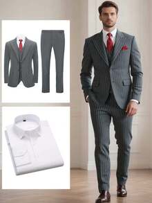 4pcs Men Suit Blazer Jacket Vest Pants Shirt, Closure Collar Two Button Pinstripe Men Elegant Attire For Wedding Banquet Dinner Various Formal Occasions - Màu xám đen - Xem 1