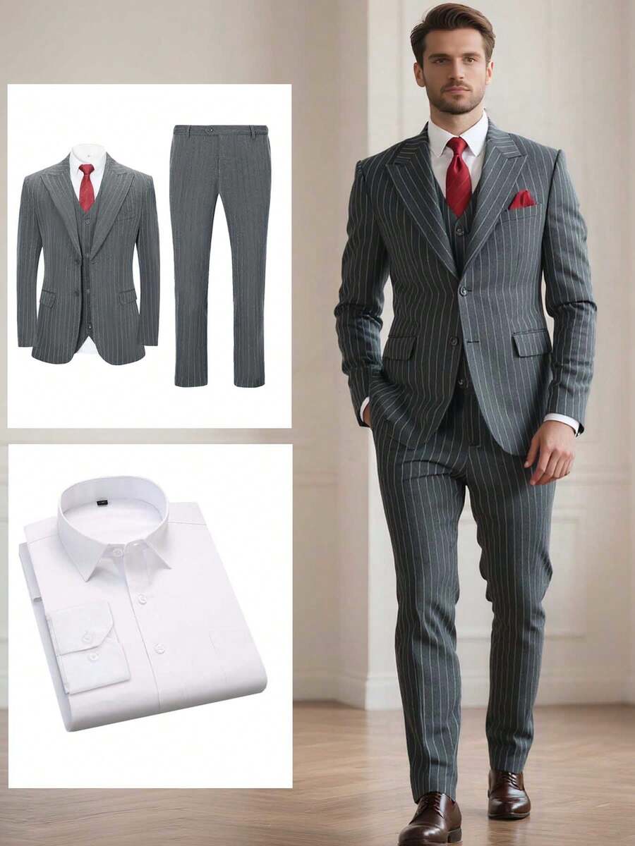4pcs Men Suit Blazer Jacket Vest Pants Shirt, Closure Collar Two Button Pinstripe Men Elegant Attire For Wedding Banquet Dinner Various Formal Occasions - Màu xám đen - Xem 1