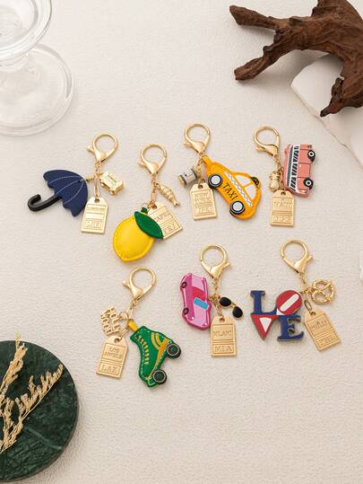 1pc Fashion Bohemian Style Keychain, Leather 2D Car Lemon Umbrella LOVE Pendant, Suitable For Handbags, Backpacks, Makeup Bags, Suitcases, Keychains, Woven Accessories.