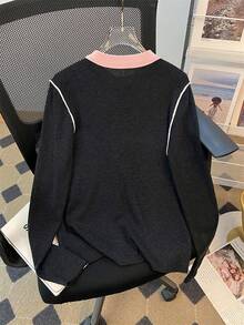 女士圆领拼色长袖毛衣，简约休闲，女士日常、通勤、秋冬基本款上衣，长袖上衣，时尚 - 深灰色 - 查看 6