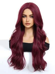 28 Inch Burgundy Long Curly Wig, Middle Part Synthetic Wig, Long Straight Synthetic Wig, Heat Resistant Fiber Full Machine Wefted Wig, Cosplay Party Wig, Fashionable Women - Burgundy - View 5