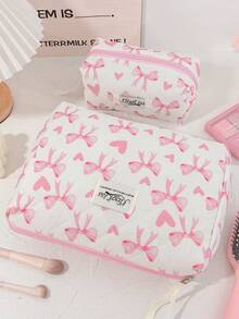 1 Bolsa de Cosméticos Grande com Estampa de Coração Rosa e Laço Acolchoada, Bolsa de Toucador Portátil com Zíper, Bolsa de Armazenamento de Maquiagem Pode Guardar Batom, Pincéis, Produtos de Cuidados com a Pele, Telefones Celulares, Moedas, Pequenos Itens, Adequada para Uso Doméstico, Viagem, Cruzeiro, Férias e Escola, Presentes de Dama de Honra de Casamento, Presentes de Aniversário, Presentes de Festival, Essenciais de Outono Universitários, Bolsa de Viagem de Férias para Mulheres, Bolsa de Maquiagem, Organizador de Maquiagem