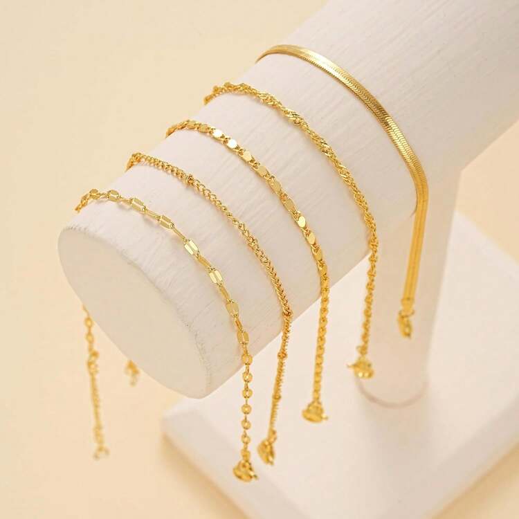 Gold Ankle Bracelets For Women, 14k Gold Plated Waterproof Cuban Link Chain Anklets Set, Layered Anklet Bracelets For Women Beach Gift Adjustable Size 5pc - Style03-金色 - 查看 4