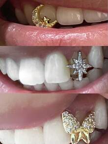 金牙套，月亮星星蝴蝶钻石牙套，男士金牙套，镀银单钻牙套，女士说唱歌手服装 - 彩色 - 查看 4