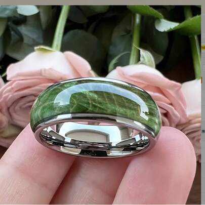 8mm Parrot Green Stainless Steel Dome Ring, Elegant And Versatile For Everyday Wear And Special Occasions