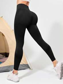 无缝高弹力收腹运动紧身裤，宽腰带 - 黑色 - 查看 4