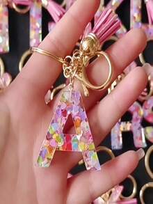 1个彩虹闪光字母树脂钥匙扣，可爱蝴蝶流苏吊坠，女士包包挂饰 - 彩色 - 查看 7