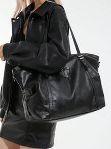 时尚百搭女士复古大容量单肩托特包经典日常流行纯色小众女士腋下包新款十字深色哥特风格万圣节斜挎包适合通勤，新款女士托特包，万圣节包包完美搭配万圣节服装参加派对