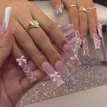 Long Square Press On Nails French Tip Fake Nails Pink False Nails With Bow Rhinestones Designs Long Square Nail Press Ons Sparkly Glue On Nails Cute Stick On Nails For Women 24Pcs - 長款-C5C35 - 查看 1