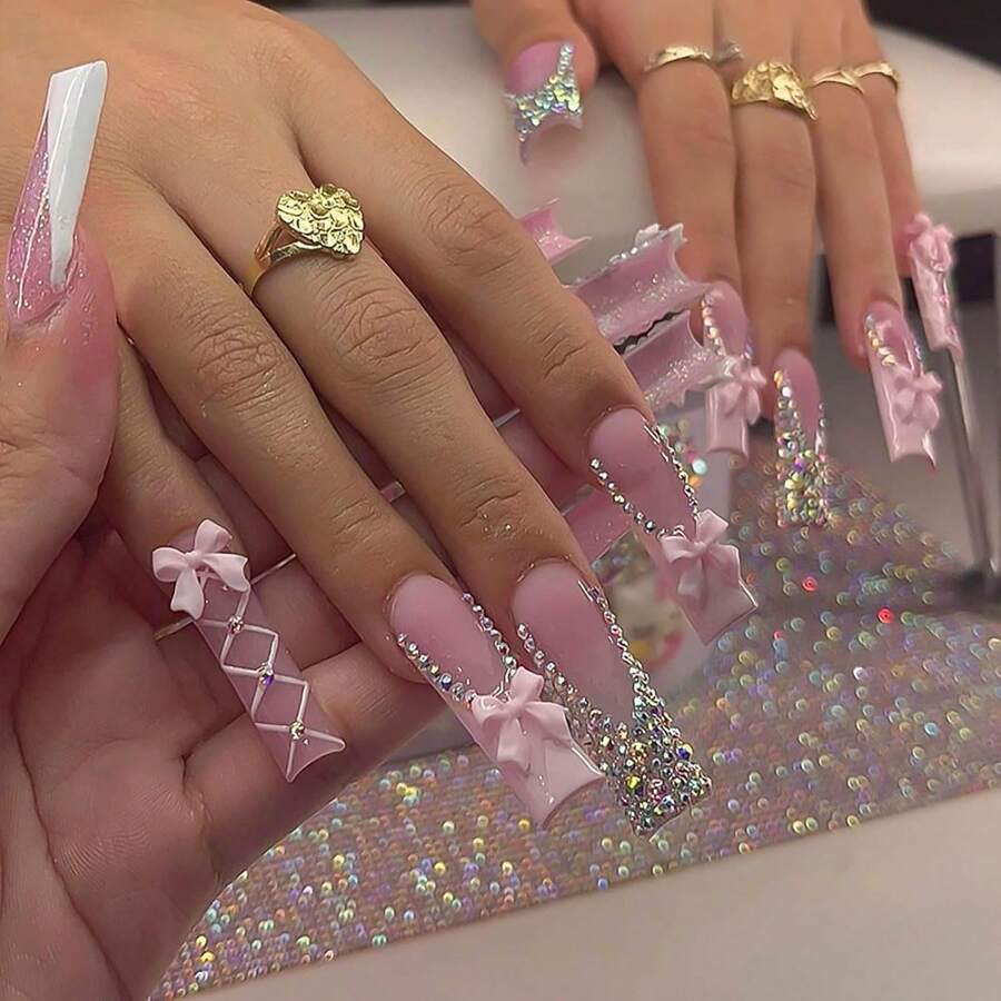 Long Square Press On Nails French Tip Fake Nails Pink False Nails With Bow Rhinestones Designs Long Square Nail Press Ons Sparkly Glue On Nails Cute Stick On Nails For Women 24Pcs - 長款-C5C35 - 查看 1