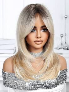 Elegant Straight Hair Wig For Ladies, Gradient Gold Wig 18 "With Bangs -100% Long Filament Synthetic Yarn, Rose Net Cap, Reshaping Effect, Heat-Resistant Fiber, Suitable For All Users As A Gift - 漸變金色 - 查看 5