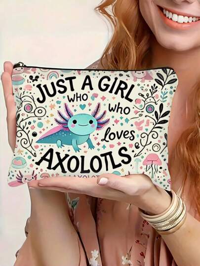 A Double-Sided Cosmetic Bag With Axolotl And Floral Design, Travel Toiletries Storage Bag, Household Wallet Pencil Bag, School Student Storage Bag Stationery Bag, Teacher Organizer Gift Printed Storage Bag, Little Girl's Favorite Travel Bag, Gift For Friends And Family, Women And Little Girls Back To School Cosmetics And School Supplies Storage Bag, Travel Sundries Storage Bag, Coin And Cosmetics Glasses Storage Bag,Makeup Bag,Travel Essential
