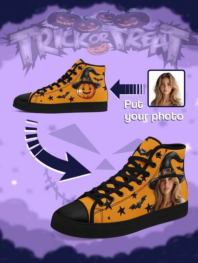 Women's Custom Halloween High-Top Sneakers, Personalized Your Face Wizard Hat And Bat Design, Lightweight Comfortable And Stylish, Funny Halloween Gift For Mom/Dad/Her/Him/Girlfriend/Boyfriend/Wife/Husband/Friend, Unique Halloween Decor Footwear