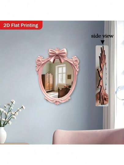 Sweet Pink Bow Wooden Frame Acrylic Mirror, Modern Home (Bedroom/Living Room/Hallway) Wall Hanging Mirror, Creative Art Decor & Makeup Use