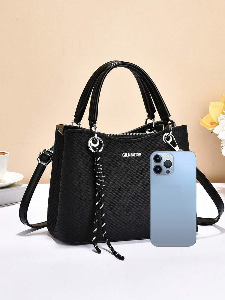 极简条纹手提包，大容量时尚托特包，单肩包，斜挎包，适合旅行、购物，新款时尚女士手提包带吊坠，百搭休闲奢华大容量单肩/斜挎包 - 彩色 - 查看 7