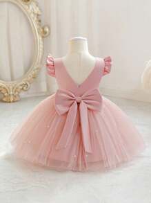 女婴短袖蝴蝶结薄纱派对礼服，优雅公主裙，适合一周岁生日、婚礼、宴会、派对等场合。