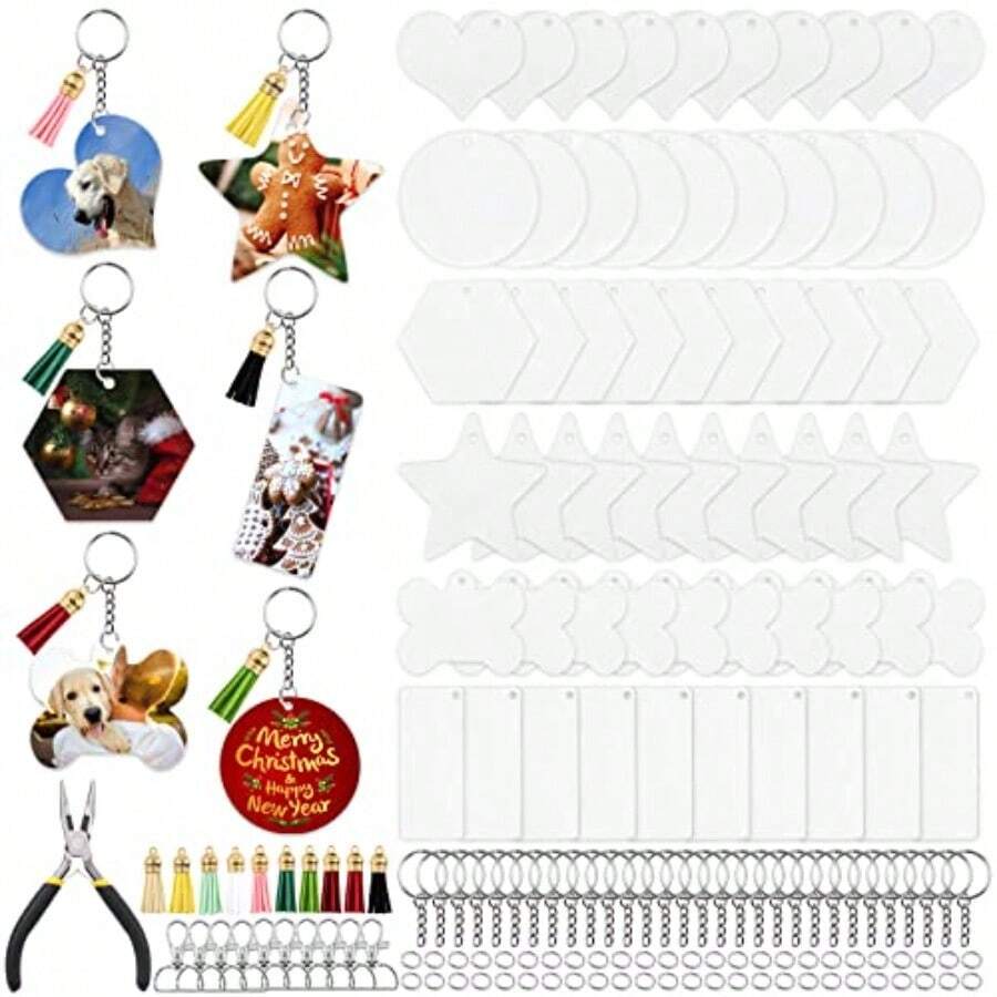 211 Pcs Acrylic Keychain Blanks Shape Assortment Kit Contains Clear Key Chain Blank Ornaments Tassel Key Ring Clips Open Jump Rings And Pliers For DIY Crafts Projects