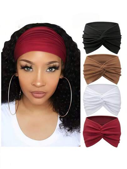 4 pièces Nouveaux bandeaux larges de couleur unie de haute qualité pour femmes, bandeaux de sport et de yoga à nœud croisé, foulard de mode pour filles