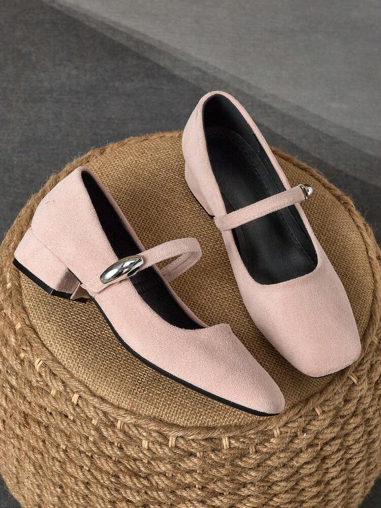 女式 3 厘米布面高跟时尚百搭白色玛丽珍粗跟平底鞋，适合所有季节 - 粉色 - 查看 1