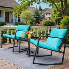 3 Pieces Outdoor Rocking Chair Furniture Sets Modern Patio Furniture Set Rocking Wicker Bistro Sets Cushioned PE Rattan Chairs Conversation Sets With Glass Coffee Table - Blue - View 4