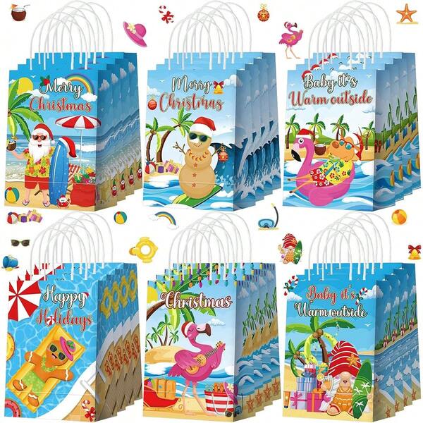 Sacolas de presente para festa de Natal de verão, presentes de Natal no Havaí, sacolas de papel para presente, sacolas de praia tropicais com alças, suprimentos para decoração de festa de aniversário no Havaí