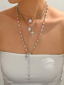 Bộ 4 chiếc/Bộ dây chuyền dài nhiều lớp hình thánh giá Chúa Jesus bằng kim loại cổ điển và ngọc trai giả hình chữ Y, Bộ trang sức thời trang dành cho phụ nữ, Thích hợp để đeo hàng ngày, du lịch, tiệc tùng, lễ hội âm nhạc - Dây chuyền ngọc trai hình chữ Y (6149) - Xem 2