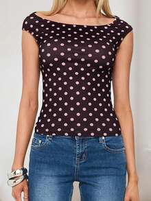Women Y2K Off Shoulder T-Shirt Short Sleeve Boat Neck Polka Dot Slim Fit Crop Top Summer Baby Tee Going Out Tops Streetwear - 棕色 - 查看 2